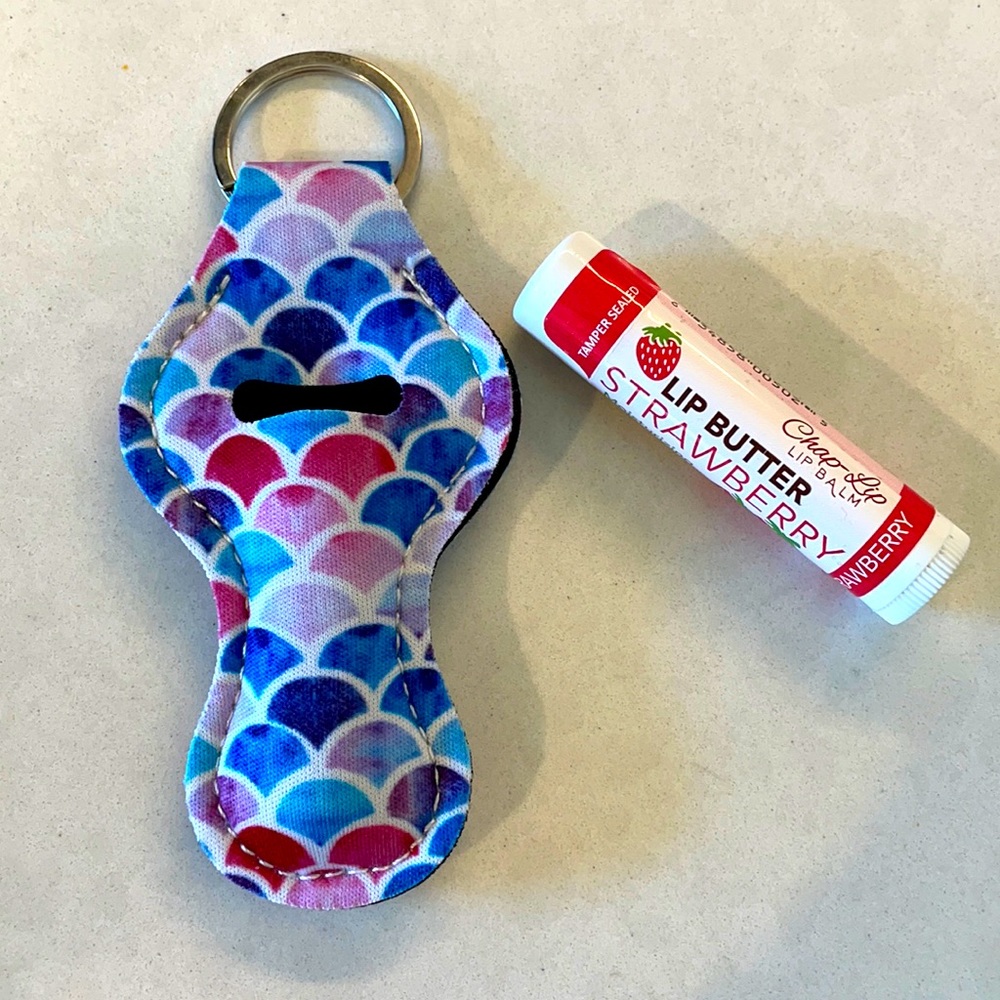 Mermaid chapstick holder keychain + sealed strawberry chapstick